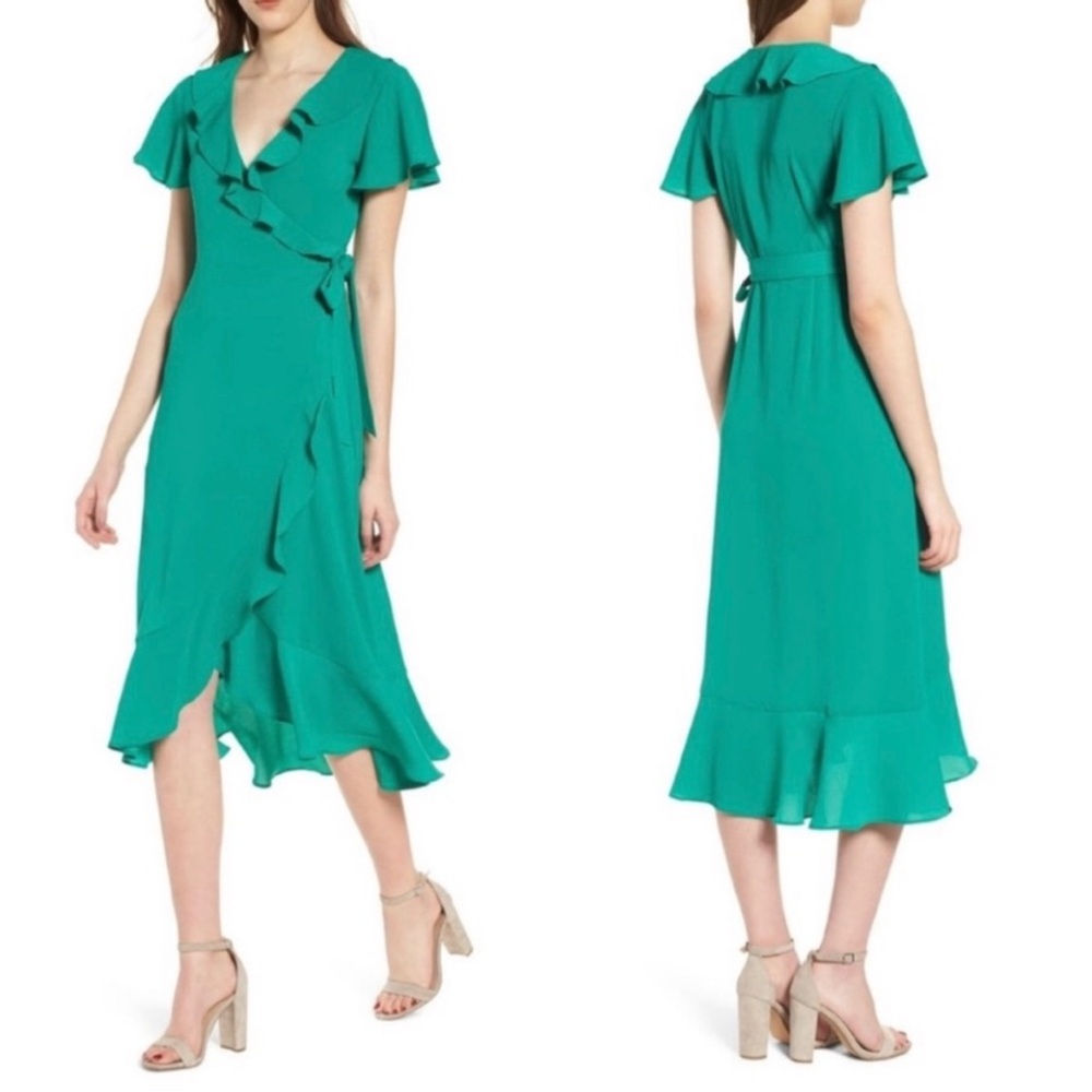 Chelsea28 Elegant Emerald Green Ruffle Wrap Dress EUC sz M